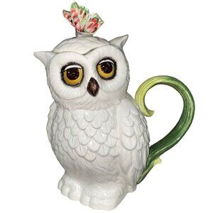 Fitz and Floyd Edie Rose White Owl Butterfly Top Teapot, New in Box